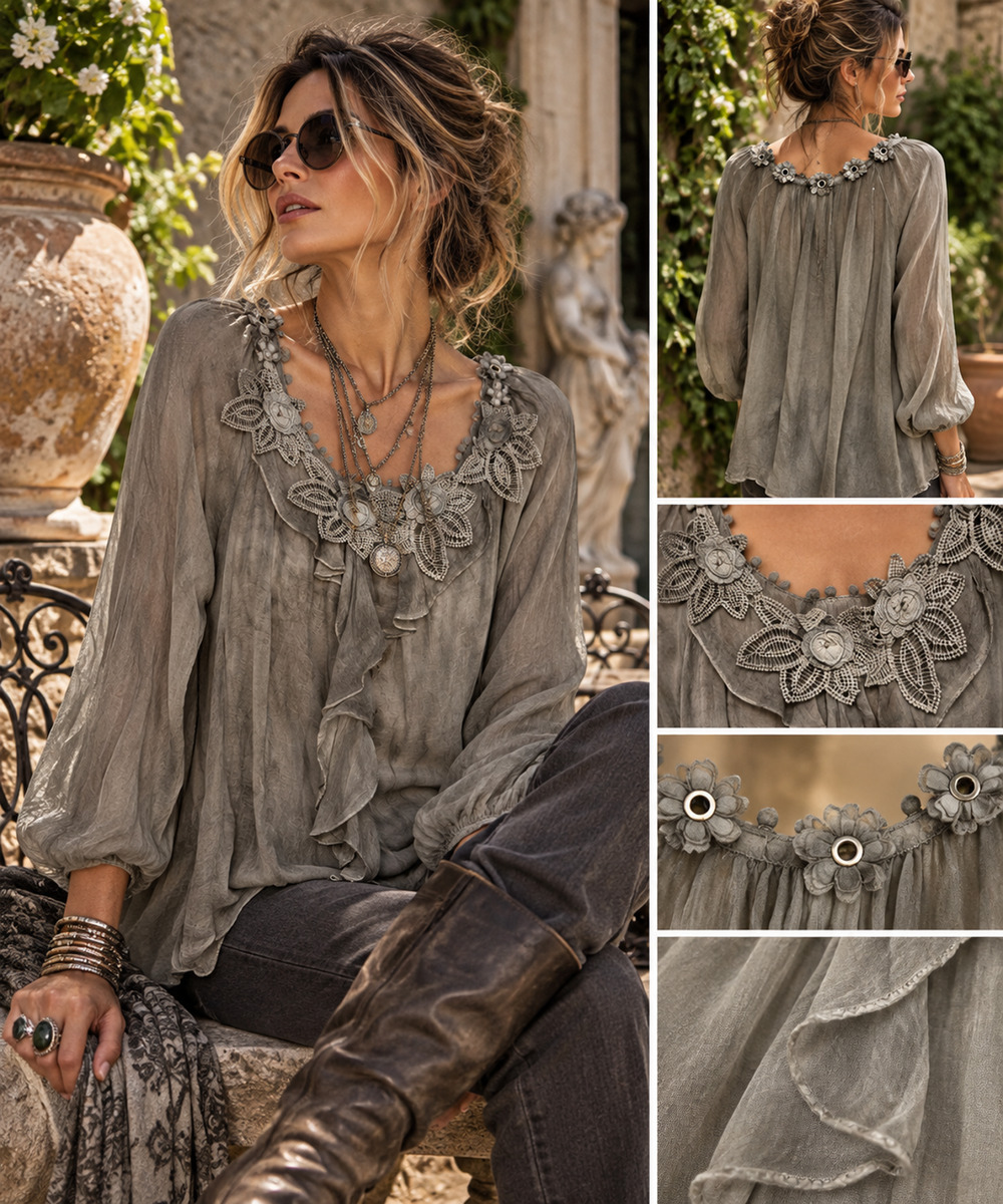 Vintage Y2K Italy Gray Silk Overlay Blouse Floral Applique Lagenlook Boho Sz XL